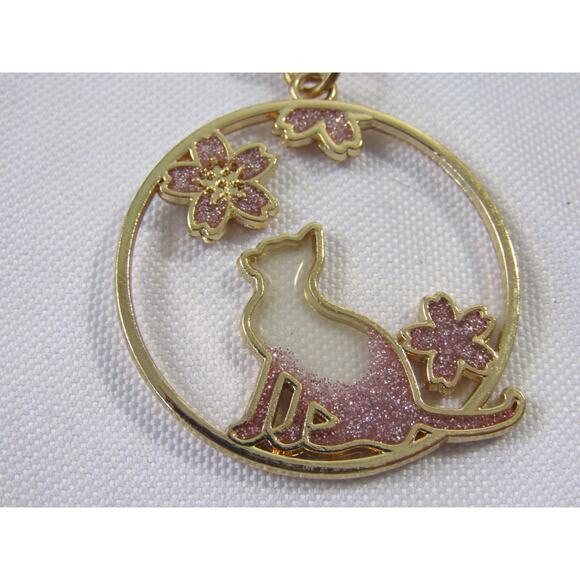 Kitty Cat Pink Floral Sparkly Key Ring/Chain Boho Artsy Flowers Gold Tone - Picture 4 of 5